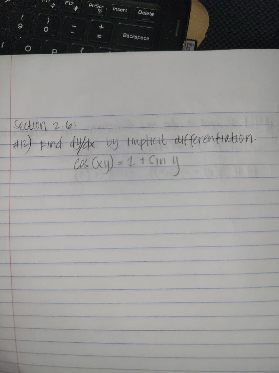 F12
PrtScr
Insert
Delete
9.
Backspace
%3D
#2) Find dyk by tmplieit differentiation-
1+ Cin
Section 2.6:
cos Cxy):
