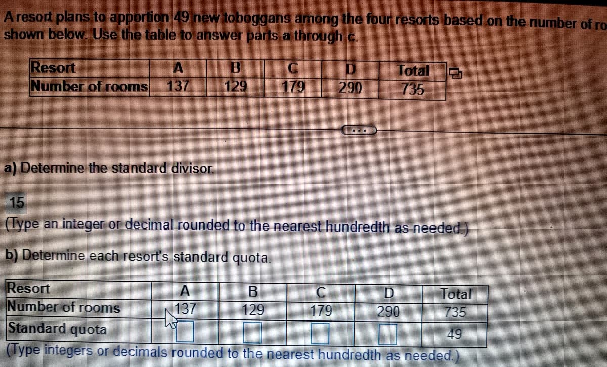 A resort plans to apportion 49 new toboggans among the four resorts based on the number of ro
shown below. Use the table to answer parts a through c.
Resort
A
Number of rooms 137
a) Determine the standard divisor.
129 179
A
137
D
290
15
(Type an integer or decimal rounded to the nearest hundredth as needed.)
b) Determine each resort's standard quota.
129
Z
Resort
Number of rooms
Standard quota
(Type integers or decimals rounded to the nearest hundredth as needed.)
C
179
Total
735
D
290
Total
735
49