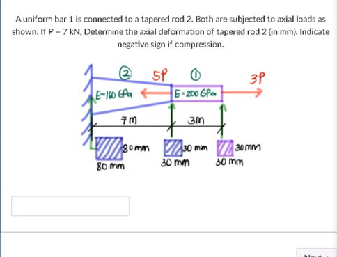 Auniform bar 1 is connected to a tapered rod 2. Both are subjected to axial loads as
shown. If P = 7 kN, Determine the axial deformation of tapered rod 2 (in mm). Indicate
negative sign if compression.
1
5P
E-200 GP
3P
3M
80mm 30 mm a0 mm
80 mm
30 mm
30 mm
