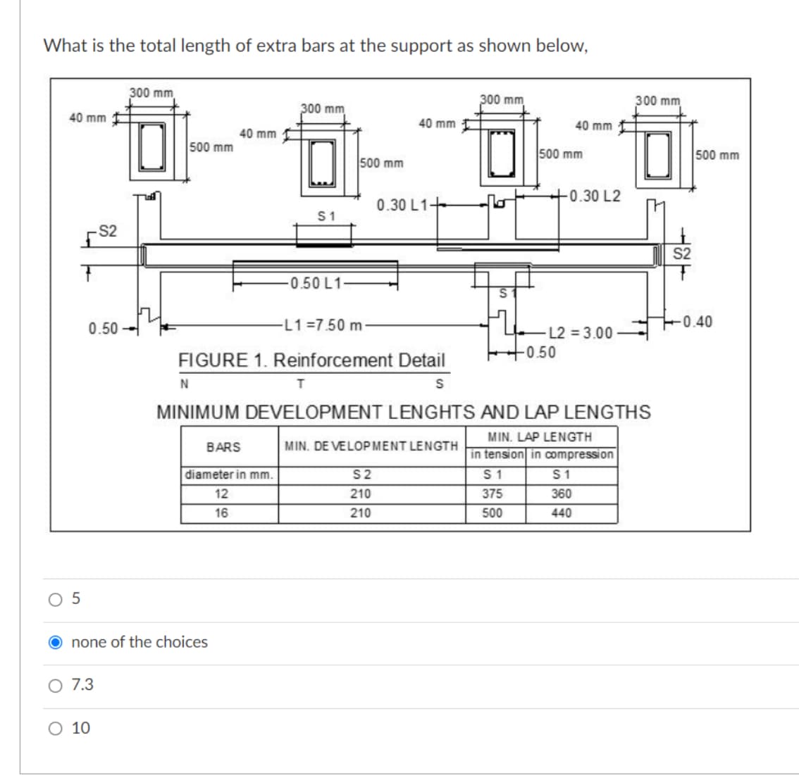 What is the total length of extra bars at the support as shown below,
300 mm
300 mm
300 mm
300 mm
40 mm
40 mm
40 mm
40 mm
500 mm
500 mm
500 mm
500 mm
+0.30 L2
0.30 L1+
S1
-S2
0.50 L1
0.50
-L1=7.50 m
0.40
L2 = 3.00
0.50
FIGURE 1. Reinforcement Detail
N
S
MINIMUM DEVELOPMENT LENGHTS AND LAP LENGTHS
MIN. LAP LENGTH
BARS
MIN. DE VELOPMENT LENGTH
in tension in compression
diameter in mm.
S2
S 1
S1
12
210
375
360
16
210
500
440
5
none of the choices
O 7.3
O 10
