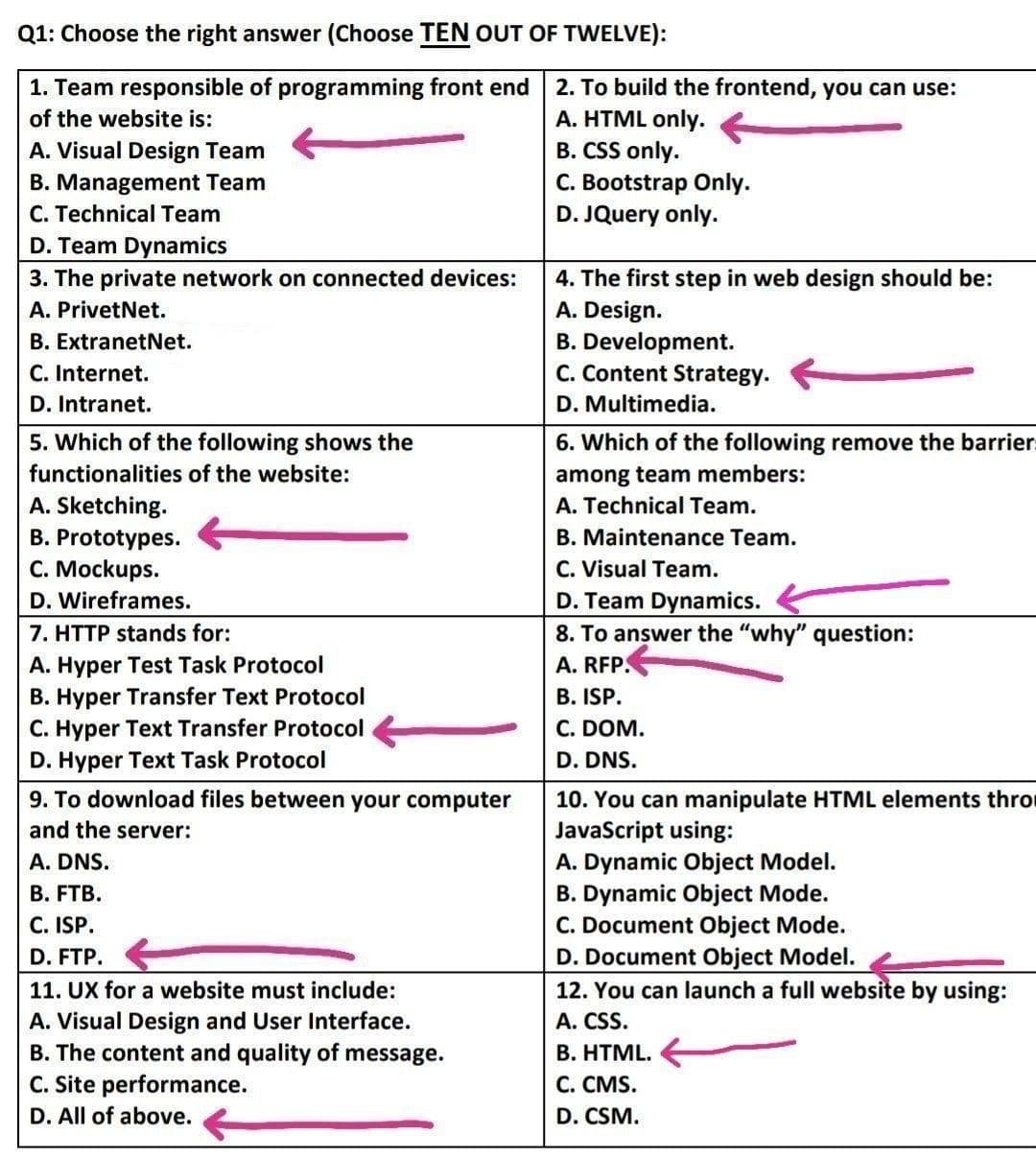 Q1: Choose the right answer (Choose TEN OUT OF TWELVE):
1. Team responsible of programming front end
of the website is:
A. Visual Design Team
B. Management Team
C. Technical Team
D. Team Dynamics
3. The private network on connected devices:
A. PrivetNet.
B. ExtranetNet.
C. Internet.
D. Intranet.
5. Which of the following shows the
functionalities of the website:
A. Sketching.
B. Prototypes.
C. Mockups.
D. Wireframes.
7. HTTP stands for:
A. Hyper Test Task Protocol
B. Hyper Transfer Text Protocol
C. Hyper Text Transfer Protocol
D. Hyper Text Task Protocol
9. To download files between your computer
and the server:
A. DNS.
B. FTB.
C. ISP.
D. FTP.
11. UX for a website must include:
A. Visual Design and User Interface.
B. The content and quality of message.
C. Site performance.
D. All of above.
2. To build the frontend, you can use:
A. HTML only.
B. CSS only.
C. Bootstrap Only.
D. JQuery only.
4. The first step in web design should be:
A. Design.
B. Development.
C. Content Strategy.
D. Multimedia.
6. Which of the following remove the barrier
among team members:
A. Technical Team.
B. Maintenance Team.
C. Visual Team.
D. Team Dynamics.
8. To answer the "why" question:
A. RFP.
B. ISP.
C. DOM.
D. DNS.
10. You can manipulate HTML elements thro
JavaScript using:
A. Dynamic Object Model.
B. Dynamic Object Mode.
C. Document Object Mode.
D. Document Object Model.
12. You can launch a full website by using:
A. CSS.
B. HTML.
C. CMS.
D. CSM.