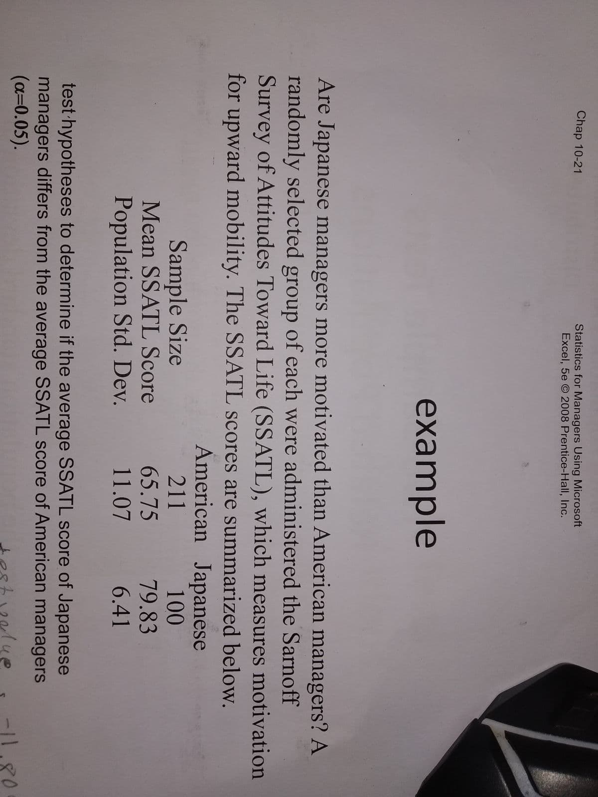 Chap 10-21
Statistics for Managers Using Microsoft
Excel, 5e O 2008 Prentice-Hall, Inc.
example
Are Japanese managers more motivated than American managers? A
randomly selected group of each were administered the Sarnoff
Survey of Attitudes Toward Life (SSATL), which measures motivation
for upward mobility. The SSATL scores are summarized below.
American Japanese
Sample Size
Mean SSATL Score
211
100
65.75
11.07
79.83
Population Std. Dev.
6.41
test hypotheses to determine if the average SSATL score of Japanese
managers differs from the average SSATL score of American managers
(a30.05).
testvelue
