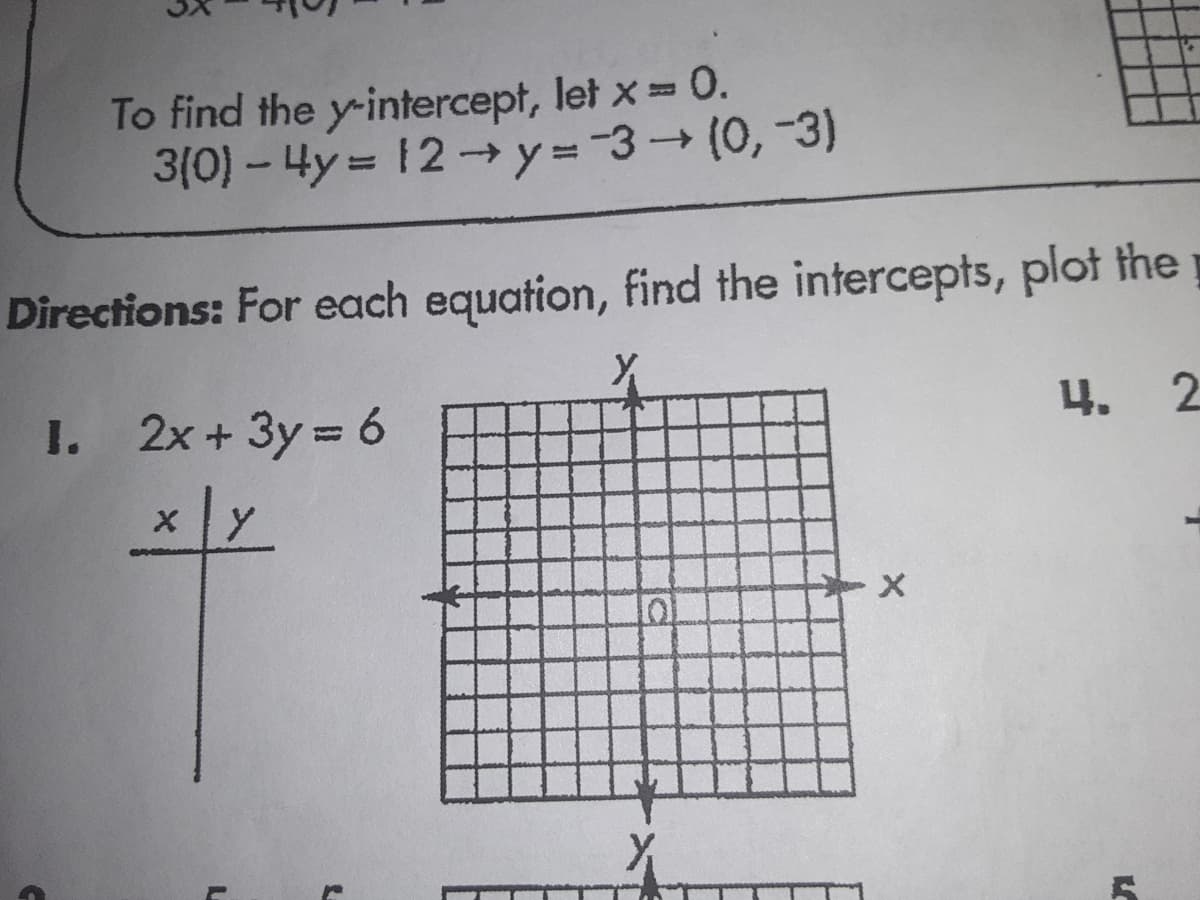 To find the y-intercept, let x= 0.
3(0) – 4y = 12→y=-3(0,-3)
Directions: For each equation, find the intercepts, plot the
I. 2x + 3y = 6
4.
X.
