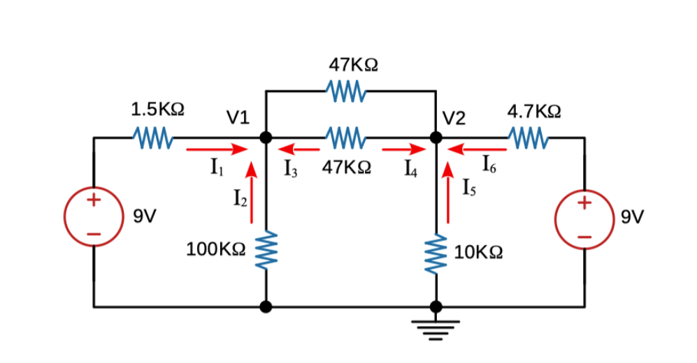 47KO
1.5KQ
4.7KO
V1
V2
ww
ww
I3
47KQ
L
I6
Is
+
+
9V
9V
100KQ
10KQ
