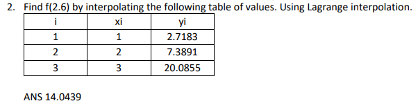 2. Find f(2.6) by interpolating the following table of values. Using Lagrange interpolation.
i
xi
yi
1
2.7183
2
2
7.3891
3
3
20.0855
ANS 14.0439
