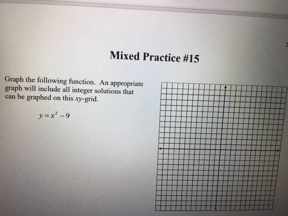 Mixed Practice #15
Graph the following function. An appropriate
graph will include all integer solutions that
can be graphed on this xy-grid.
y =x -9
