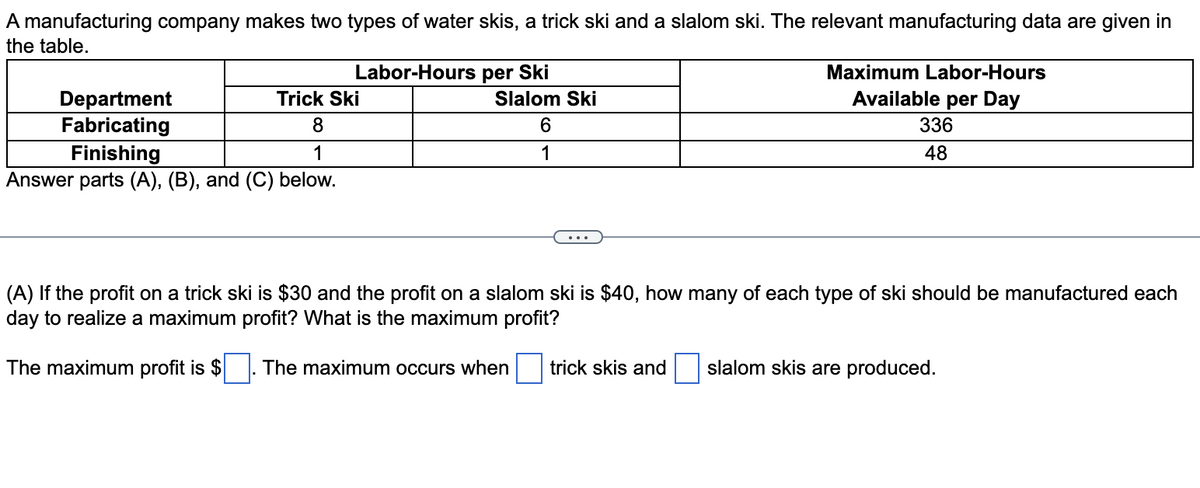 ### Water Ski Manufacturing Constraints and Profit Optimization

A manufacturing company produces two types of water skis: trick skis and slalom skis. The labor-hours required for manufacturing these skis and the maximum available labor-hours per day are detailed in the table below:

| Department   | Labor-Hours per Ski |            | Maximum Labor-Hours Available per Day  |
|--------------|---------------------|------------|----------------------------------------|
|              | Trick Ski           | Slalom Ski |                                        |
| Fabricating  | 8                   | 6          | 336                                    |
| Finishing    | 1                   | 1          | 48                                     |

#### Assignment: Optimization Problem

(A) **Problem Statement:**
Given that the profit for a trick ski is $30 and for a slalom ski is $40, determine the number of each type of ski that should be manufactured daily to achieve maximum profit. Calculate the maximum profit and the quantities required.

**Solution:**
The maximum profit is $_______. The maximum profit occurs when _______ trick skis and _______ slalom skis are produced.

*Note: Fill in the blanks with the values you calculate as part of your solution.*