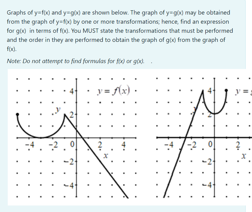 Graphs of y=f(x) and y=g(x) are shown below. The graph of y=g(x) may be obtained
from the graph of y=f(x) by one or more transformations; hence, find an expression
for g(x) in terms of f(x). You MUST state the transformations that must be performed
and the order in they are performed to obtain the graph of g(x) from the graph of
f(x).
Note: Do not attempt to find formulas for f(x) or g(x).
4
y = f(x) •
y =,
-2. 0
-2
-2
-2
