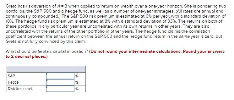 Greta has risk aversion of A = 3 when applied to return on wealth over a one-year horizon. She is pondering two
portfolios, the S&P 500 and a hedge fund, as well as a number of one-year strategies. (All rates are annual and
continuously compounded.) The S&P 500 risk premium is estimated at 6% per year, with a standard deviation of
18%. The hedge fund risk premium is estimated at 8% with a standard deviation of 33%. The returns on both of
these portfolios in any particular year are uncorrelated with its own returns in other years. They are also
uncorrelated with the returns of the other portfolio in other years. The hedge fund claims the correlation
coefficient between the annual return on the S&P 500 and the hedge fund return in the same year is zero, but
Greta is not fully convinced by this claim.
What should be Greta's capital allocation? (Do not round your intermediate calculations. Round your answers
to 2 decimal places.)
S&P
Hedge
Risk-free asset
%
%
%