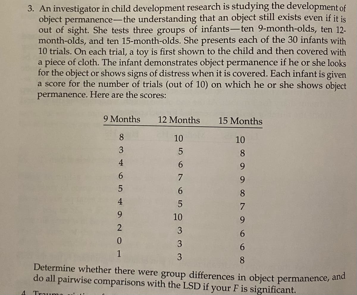 3. An investigator in child development research is studying the development of
object permanence-the understanding that an object still exists even if it is
out of sight. She tests three groups of infants-ten 9-month-olds, ten 12-
month-olds, and ten 15-month-olds. She presents each of the 30 infants with
10 trials. On each trial, a toy is first shown to the child and then covered with
a piece of cloth. The infant demonstrates object permanence if he or she looks
for the object or shows signs of distress when it is covered. Each infant is given
a score for the number of trials (out of 10) on which he or she shows object
permanence. Here are the scores:
9 Months
12 Months
15 Months
10
10
8
4
6
9.
9.
7
8
4
5
7
9.
10
9.
2
3
6.
6.
3
1
3
Determine whether there were group differences in object permanence, and
do all pairwise comparisons with the LSD if your F is significant.
8
4 Traunma
