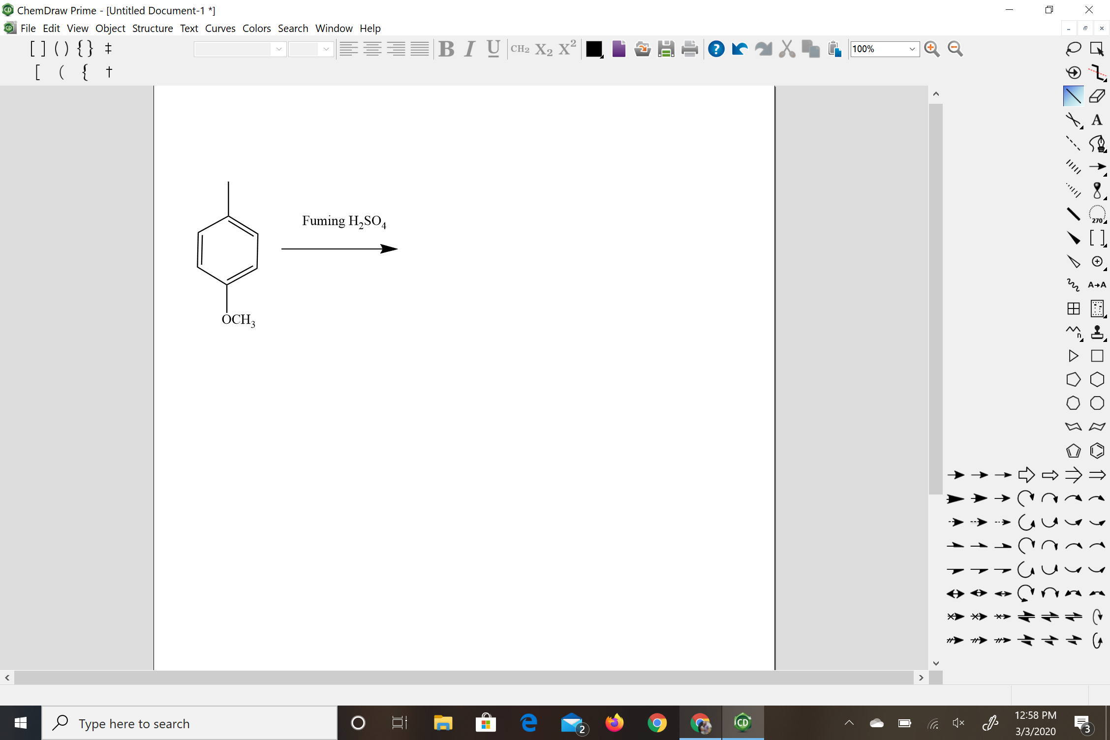 CD ChemDraw Prime - [Untitled Document-1 *]
O File Edit View Object Structure Text Curves Colors Search Window Help
[] ) {} +
BIU CH2 X2 X²
100%
Fuming H,SO,
270
[ ]
A+A
ОСНЗ
inr
12:58 PM
Type here to search
3/3/2020
介()て){14
