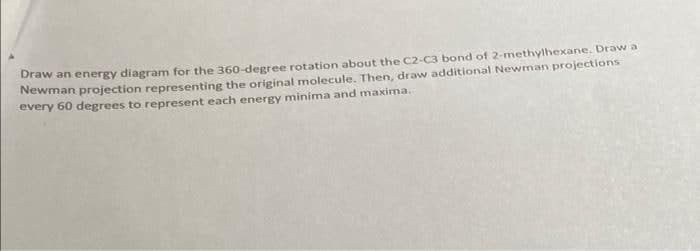 Draw an energy diagram for the 360-degree rotation about the C2-C3 bond of 2-methylhexane. Draw a
Newman projection representing the original molecule. Then, draw additional Newman projections
every 60 degrees to represent each energy minima and maxima.