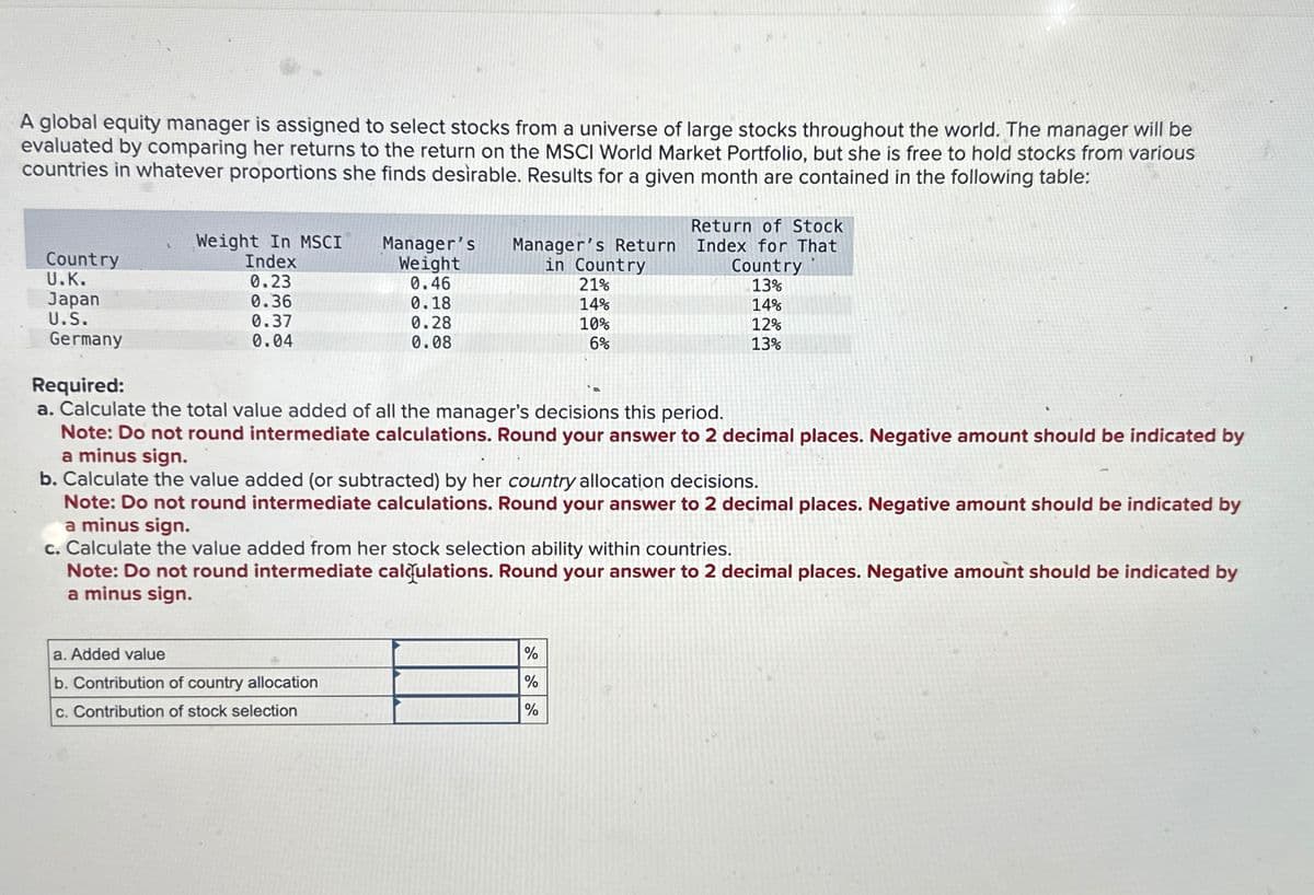 A global equity manager is assigned to select stocks from a universe of large stocks throughout the world. The manager will be
evaluated by comparing her returns to the return on the MSCI World Market Portfolio, but she is free to hold stocks from various
countries in whatever proportions she finds desirable. Results for a given month are contained in the following table:
Return of Stock
Index for That
Weight In MSCI
Manager's
Country
U.K.
Index
Weight
Manager's Return
in Country
0.23
0.46
21%
Japan
0.36
0.18
14%
U.S.
0.37
Germany
0.04
0.28
0.08
10%
6%
Required:
Country
13%
14%
12%
13%
a. Calculate the total value added of all the manager's decisions this period.
Note: Do not round intermediate calculations. Round your answer to 2 decimal places. Negative amount should be indicated by
a minus sign.
b. Calculate the value added (or subtracted) by her country allocation decisions.
Note: Do not round intermediate calculations. Round your answer to 2 decimal places. Negative amount should be indicated by
a minus sign.
c. Calculate the value added from her stock selection ability within countries.
Note: Do not round intermediate calculations. Round your answer to 2 decimal places. Negative amount should be indicated by
a minus sign.
a. Added value
b. Contribution of country allocation
c. Contribution of stock selection
%
%
%