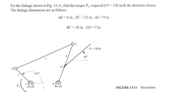 For the linkage shown in Fig. 13.11, find the torque T₁2 required if P= 120 in-lb the direction shown.
The linkage dimensions are as follows:
AB= 6 in, EC = 12 in, AE = 8 in
BC=18 in, ED=5 in
P= 120 lb
B
FIGURE 13.11 Mechanism
135
1
40⁰
K
E