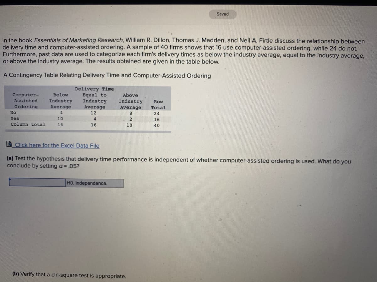 In the book Essentials of Marketing Research, William R. Dillon, Thomas J. Madden, and Neil A. Firtle discuss the relationship between
delivery time and computer-assisted ordering. A sample of 40 firms shows that 16 use computer-assisted ordering, while 24 do not.
Furthermore, past data are used to categorize each firm's delivery times as below the industry average, equal to the industry average,
or above the industry average. The results obtained are given in the table below.
A Contingency Table Relating Delivery Time and Computer-Assisted Ordering
Computer-
Assisted
Ordering
No
Yes
Column total
Below
Industry
Average
4
10
14
Delivery Time
Equal to
Industry
Average
12
4
16
Above
Industry Row
Average
Total
8
24
2
16
40
HO. independence.
10
Saved
Click here for the Excel Data File
(a) Test the hypothesis that delivery time performance is independent of whether computer-assisted ordering is used. What do you
conclude by setting a = .05?
(b) Verify that a chi-square test is appropriate.