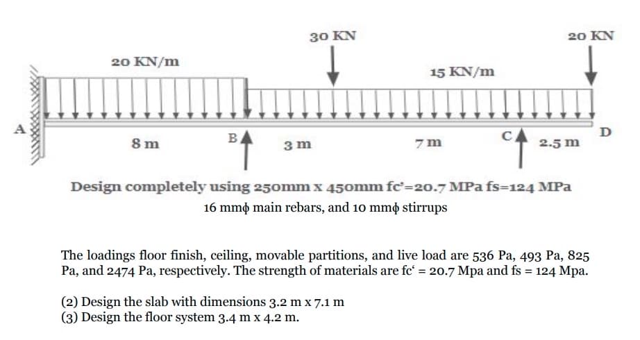 30 KN
20 KN
20 KN/m
15 KN/m
8 m
B
3 m
C
D
7 m
2.5 m
Design completely using 250mm x 450mm fc-20.7 MPa fs=124 MPa
16 mm main rebars, and 10 mm stirrups
The loadings floor finish, ceiling, movable partitions, and live load are 536 Pa, 493 Pa, 825
Pa, and 2474 Pa, respectively. The strength of materials are fe' = 20.7 Mpa and fs = 124 Mpa.
(2) Design the slab with dimensions 3.2 m x 7.1 m
(3) Design the floor system 3.4 m x 4.2 m.