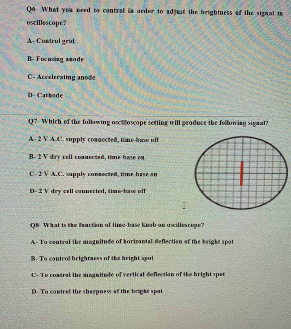 Q6- What you need to control in order to adjust the brightness of the signal in
ocilloscope?
A- Control grid
B- Focusing anode
C- Accelerating anode
D- Cathode
Q7- Which of the following oscilloscope setting will produce the following signal?
A-2 V A.C. supply connected, time-base off
B- 2 V dry cell connected, time-base on
C- 2 V A.C. supply connected, time-base on
D- 2 V dry cell connected, time-base off
Q8- What is the function of time-base knob on oscilloscope?
A- To control the magnitude of horizontal deflection of the bright spot
B- To control brightness of the bright spot
C- To control the magnitude of vertical deflection of the bright spot
D- To control the sharpness of the bright spot
