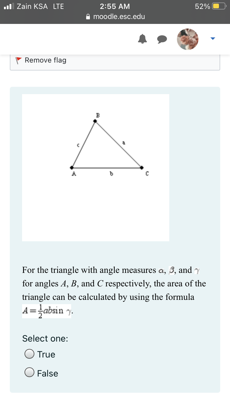 . Zain KSA LTE
Remove flag
C
2:55 AM
moodle.esc.edu
B
a
52%
A
b
C
For the triangle with angle measures a, 3, and
for angles A, B, and C respectively, the area of the
triangle can be calculated by using the formula
A= absin y.
Select one:
True
O False