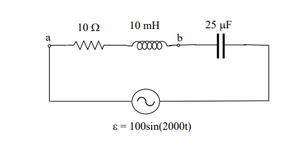 10 Ω
10 mH
25 μF
a
b
ww
ɛ = 100sin(2000t)
