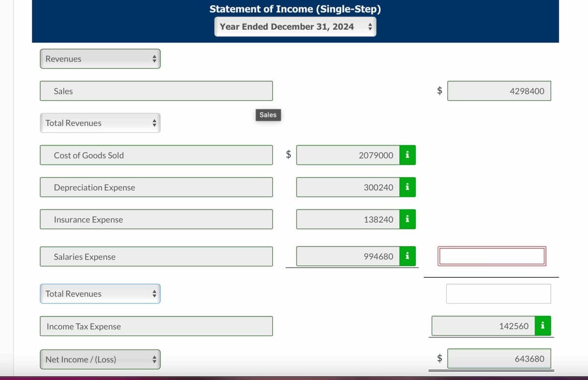 Revenues
Sales
Total Revenues
Cost of Goods Sold
Depreciation Expense
Insurance Expense
Salaries Expense
Total Revenues
Income Tax Expense
Net Income /(Loss)
Statement of Income (Single-Step)
Year Ended December 31, 2024
Sales
tA
$
♦
2079000 i
300240 i
138240
i
994680 i
LA
LA
4298400
142560 i
643680