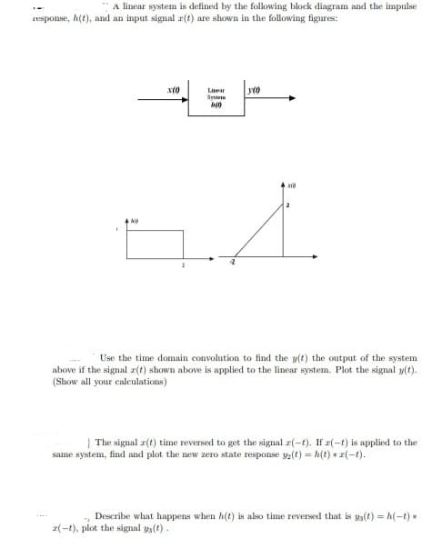 A linear system is defined by the following block diagram and the impulse
response, h(t), and an input signal r(t) are shown in the following figures:
Laer
Sysien
Use the time domain convolution to find the y(t) the output of the system
above if the signal 2(t) shown above is applied to the linear system. Plot the signal y(t).
(Show all your calculations)
| The signal r(t) time reversed to get the signal z(-t). If r(-t) is applied to the
same system, find and plot the new zero state response y(t) = h(t) + z(-t).
Describe what happens when h(t) is also time reversed that is ya(t) = h(-t) *
r(-t), plot the signal y3(t).
