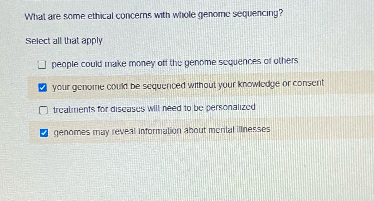 ### Ethical Concerns with Whole Genome Sequencing

In the context of whole genome sequencing, there are several ethical concerns to consider. These concerns include issues related to privacy, consent, and the potential misuse of genetic information. Please review the following questions and select all that apply:

1. **People could make money off the genome sequences of others:** 
   - This concern highlights the potential for commercial exploitation of individuals' genetic information without proper compensation or consideration for the individuals whose genomes are sequenced.

2. **Your genome could be sequenced without your knowledge or consent:** 
   - ✅ This significant ethical issue involves the unauthorized sequencing of a person's genome, raising severe privacy concerns. The absence of consent undermines the individual's autonomy and right to control their personal genetic information.

3. **Treatments for diseases will need to be personalized:** 
   - While this is an important consideration in the context of genomic medicine, it is more a fact of medical advancement rather than an ethical concern. Personalized medicine can offer better-targeted treatments, but it also demands careful handling of genetic data.

4. **Genomes may reveal information about mental illnesses:** 
   - ✅ This underscores the sensitivity of genetic information. The disclosure of potential mental health conditions could lead to stigma, discrimination, or psychological distress for the individual.

Each of these concerns underscores the importance of ethical guidelines and robust regulatory frameworks to protect individuals in the context of genome sequencing and genetic research.