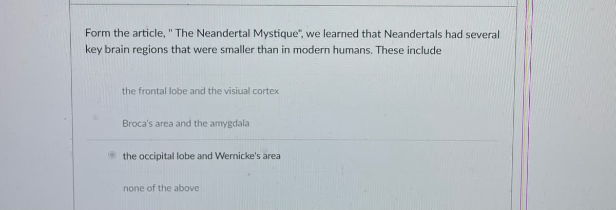 Form the article, " The Neandertal Mystique", we learned that Neandertals had several
key brain regions that were smaller than in modern humans. These include
the frontal lobe and the visiual cortex
Broca's area and the amygdala
the occipital lobe and Wernicke's area
none of the above