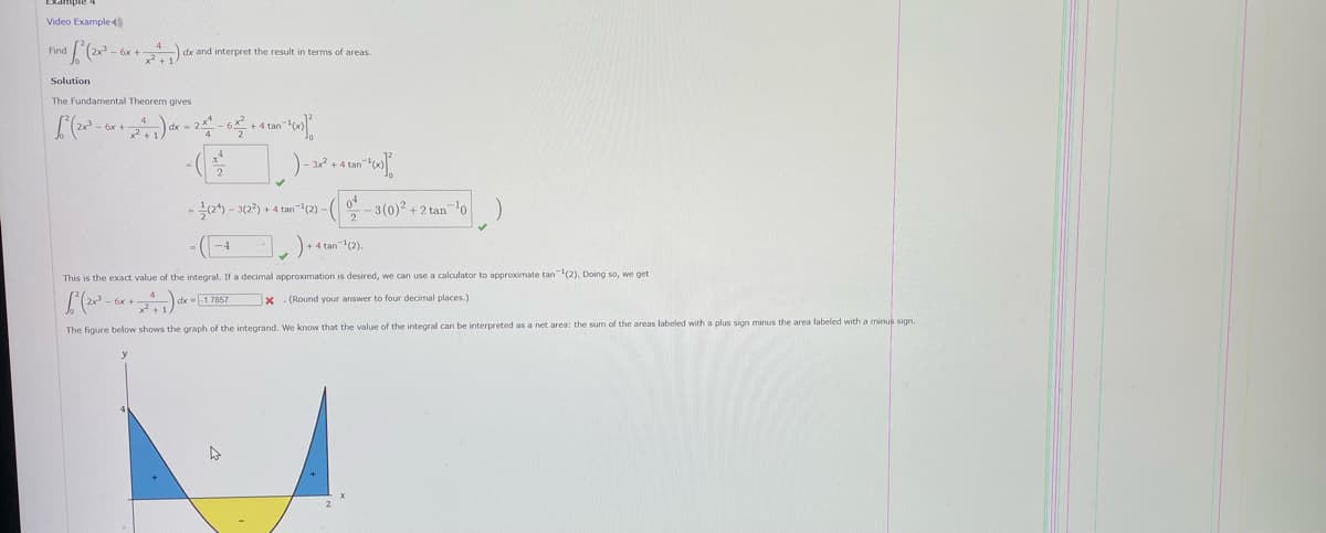 Video Example
(2x - 6x +) dx and interpret the result in terms of areas.
Find
Solution
The Fundamental Theorem gives
6x +
3 +4 tan
-극2)-3(22) + 4 tan-(2)-(| -3(0)2 +2 tan-lo
|-4
1.-
+4 tan (2).
This is the exact value of the integral. If a decimal approximation is desired, wwe can use a calculator to approximate tan(2). Doing so, we get
1 7857
(Round your answer to four decimal places.)
The figure below shows the graph of the integrand. We know that the value of the integral can be interpreted as a net area: the sum of the areas labeled with a plus sign minus the area labeled with a minus sign.
