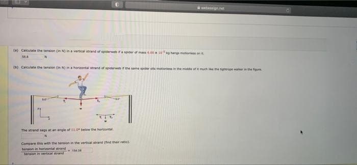 webassign.net
(a) Calculate the tension (n N) in a vertical strand of spiderweb ifa spider oft mass .00 x 10 kg hange motiontess ont.
(b) Caloulate the tension (in N) in a herizontal strand of spiderweb it the same spider sita motioniess in the midde oft much e the tgherope waker in the foure
The strand sags at an angle of 11.0 below the horizontal
Compere this with the tension in the vertical strand (find their ratio).
tension in horizontal strand
tension in vertical strand
