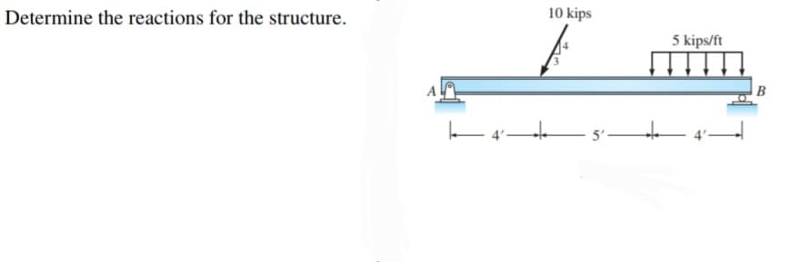 Determine the reactions for the structure.
——4'—
10 kips
5'-
5 kips/ft
B