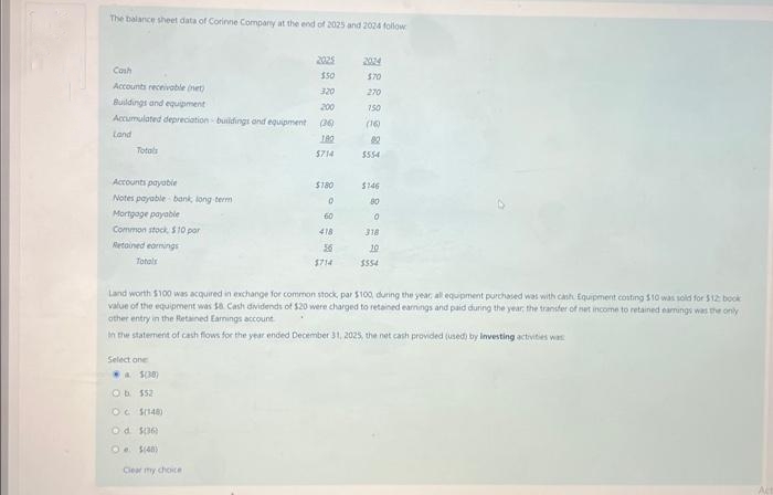 The balance sheet data of Corinne Company at the end of 2025 and 2024 follow
Cash
Accounts receivable (net)
Buildings and equipment
200
Accumulated depreciation buildings and equipment (36)
180
5714
Land
Totals
Accounts payable
Notes payable bank, long-term
Mortgage payable
Common stock, $10 por
Retained earnings
Totals
Select one
2025
$50
320
WA $(38)
Ob $52
OS(148)
Od $36)
O $(48)
Clear my choice
$180
0
60
418
56
$714
2024
$70
270
150
(16)
82
$554
$146
80
Land worth $100 was acquired in exchange for common stock, par $100, during the year all equipment purchased was with cast Equipment costing $10 was sold for $12 book
value of the equipment was 18. Cash dividends of $20 were charged to retained earnings and paid during the year, the transfer of net income to retained earnings was the only
other entry in the Retained Earnings account
in the statement of cash flows for the year ended December 31, 2025, the net cash provided (used) by Investing activities was
0
318
10
$554