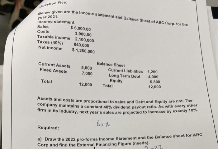 Question Five:
Below given are the Income statement and Balance Sheet of ABC Corp. for the
year 2021.
Income statement
Sales
Costs
Taxable income
Taxes (40%)
Net income
Current Assets
Fixed Assets
$ 6,000.00
3,900.00
2,100,000
840.000
$ 1,260,000
Total
5,000
7,000
12,000
Balance Sheet
Current Liabilities 1,200
Long Term Debt
Equity
4,000
Total
6,800
12,000
Assets and costs are proportional to sales and Debt and Equity are not. The
company maintains a constant 40% dividend payout ratio. As with every other
firm in its industry, next year's sales are projected to increase by exactly 10%.
60 %
Required:
a) Draw the 2022 pro-forma Income Statement and the Balance sheet for ABC
Corp and find the External Financing Figure (needs).
2022