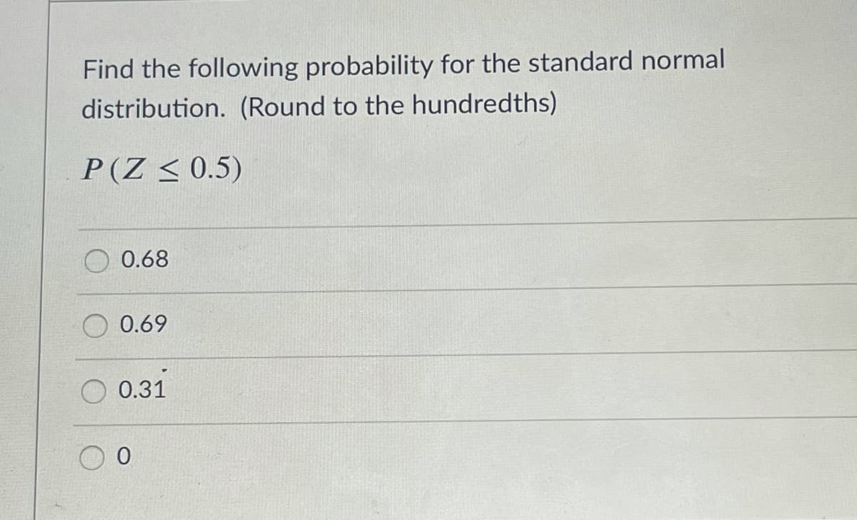 Find the following probability for the standard normal
distribution. (Round to the hundredths)
P(Z < 0.5)
0.68
0.69
0.31
