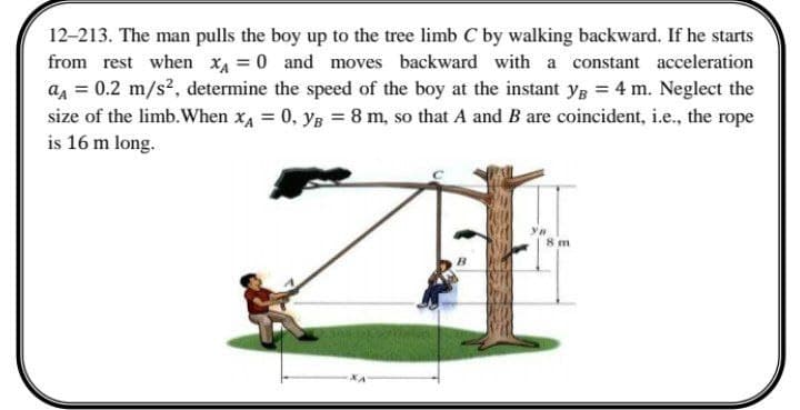 12-213. The man pulls the boy up to the tree limb C by walking backward. If he starts
from rest when XA = 0 and moves backward with a constant acceleration
as = 0.2 m/s?, determine the speed of the boy at the instant yg = 4 m. Neglect the
size of the limb.When x, = 0, yg = 8 m, so that A and B are coincident, i.e., the rope
is 16 m long.
8 m
