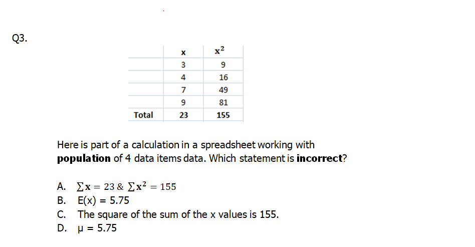 Q3.
x2
3
9
4
16
7
49
9
81
Total
23
155
Here is part of a calculation in a spreadsheet working with
population of 4 data items data. Which statement is incorrect?
A. Σχ23 & Σx? 155
В. Е(x) %3D 5.75
C. The square of the sum of the x values is 155.
D. µ = 5.75
