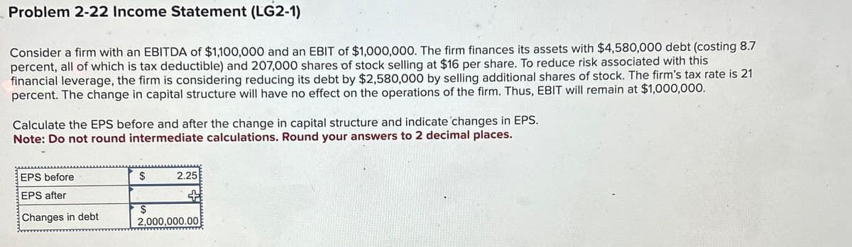 Problem 2-22 Income Statement (LG2-1)
Consider a firm with an EBITDA of $1,100,000 and an EBIT of $1,000,000. The firm finances its assets with $4,580,000 debt (costing 8.7
percent, all of which is tax deductible) and 207,000 shares of stock selling at $16 per share. To reduce risk associated with this
financial leverage, the firm is considering reducing its debt by $2,580,000 by selling additional shares of stock. The firm's tax rate is 21
percent. The change in capital structure will have no effect on the operations of the firm. Thus, EBIT will remain at $1,000,000.
Calculate the EPS before and after the change in capital structure and indicate changes in EPS.
Note: Do not round intermediate calculations. Round your answers to 2 decimal places.
EPS before
EPS after
Changes in debt
$
$
2.25
+
2,000,000.00