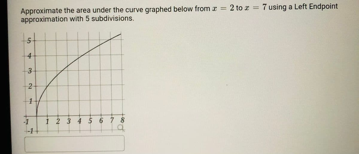 2 to x = 7 using a Left Endpoint
Approximate the area under the curve graphed below from x
approximation with 5 subdivisions.
15
4
3.
1
-1
1 2 3 4 5 6 7 8
