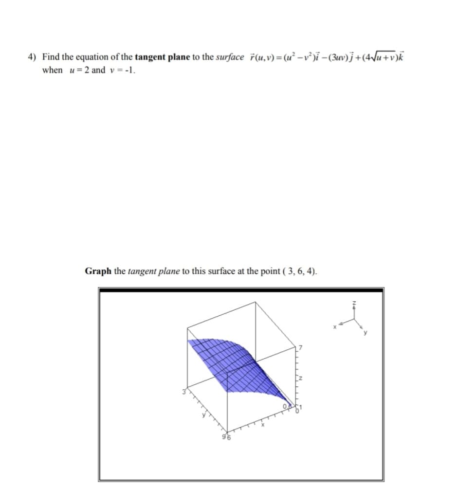 4) Find the equation of the tangent plane to the surface r(u, v) = (u² − v²)i − (3uv)j + (4√u+v)k
when u = 2 and v = -1.
Graph the tangent plane to this surface at the point (3, 6, 4).