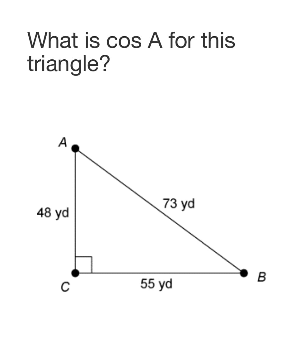 What is cos A for this
triangle?
A
73 yd
48 yd
B
55 yd
