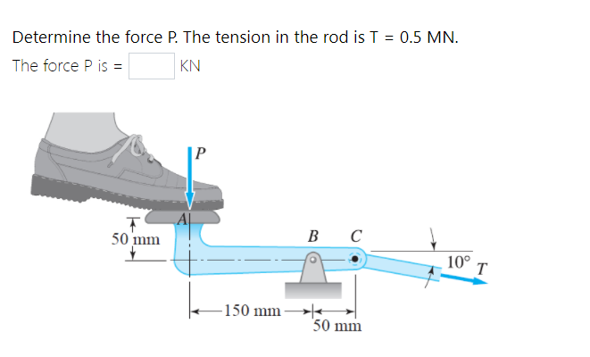 Determine the force P. The tension in the rod is T = 0.5 MN.
KN
The force P is =
в с
50 mm
10° T
-150 mm →-
50 mm
