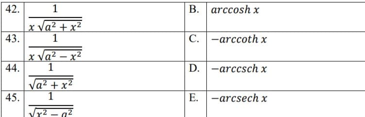 42.
1
B. arccosh x
x Va2 + x²
1
43.
C. -arccoth x
x Va² – x²
44.
D. -arccsch x
Va² + x²
45.
1
E. -arcsech x
r2 - g2
