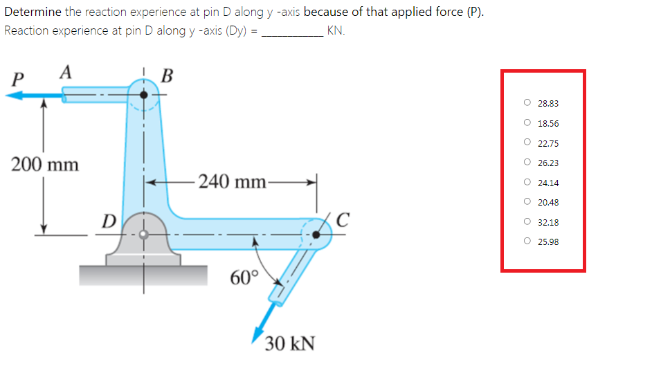 Determine the reaction experience at pin D along y -axis because of that applied force (P).
Reaction experience at pin D along y -axis (Dy) =
KN.
A
В
28.83
O 18.56
O 22.75
O 26.23
200 mm
O 24.14
- 240
mm-
O 20.48
O 32.18
D
O 25.98
60°
30 kN
