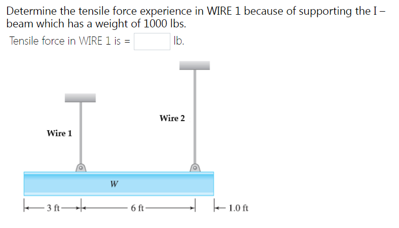 Determine the tensile force experience in WIRE 1 because of supporting the I -
beam which has a weight of 1000 lbs.
Tensile force in WIRE 1 is =
Ib.
Wire 2
Wire 1
W
6 ft-
- e1.0 ft
