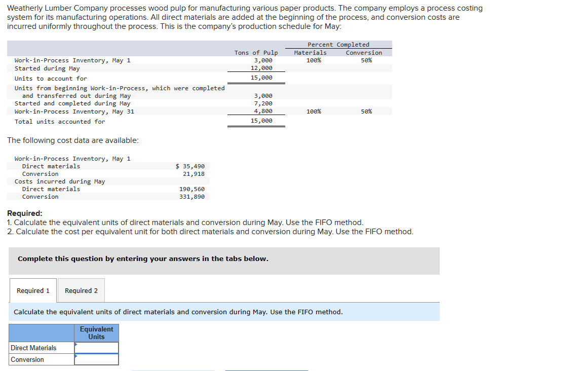 Weatherly Lumber Company processes wood pulp for manufacturing various paper products. The company employs a process costing
system for its manufacturing operations. All direct materials are added at the beginning of the process, and conversion costs are
incurred uniformly throughout the process. This is the company's production schedule for May:
Work-in-Process Inventory, May 1
Started during May
Units to account for
Units from beginning Work-in-Process, which were completed
and transferred out during May
Started and completed during May
Work-in-Process Inventory, May 31
Total units accounted for
The following cost data are available:
Work-in-Process Inventory, May 1
Direct materials
Conversion
Costs incurred during May
Direct materials
Conversion
Required 1
$ 35,490
21,918
190,560
331,890
Required 2
Direct Materials
Conversion
Tons of Pulp
3,000
12,000
15,000
Complete this question by entering your answers in the tabs below.
3,000
7,200
4,800
15,000
Percent Completed
Materials
100%
Required:
1. Calculate the equivalent units of direct materials and conversion during May. Use the FIFO method.
2. Calculate the cost per equivalent unit for both direct materials and conversion during May. Use the FIFO method.
100%
Calculate the equivalent units of direct materials and conversion during May. Use the FIFO method.
Equivalent
Units
Conversion
50%
50%
