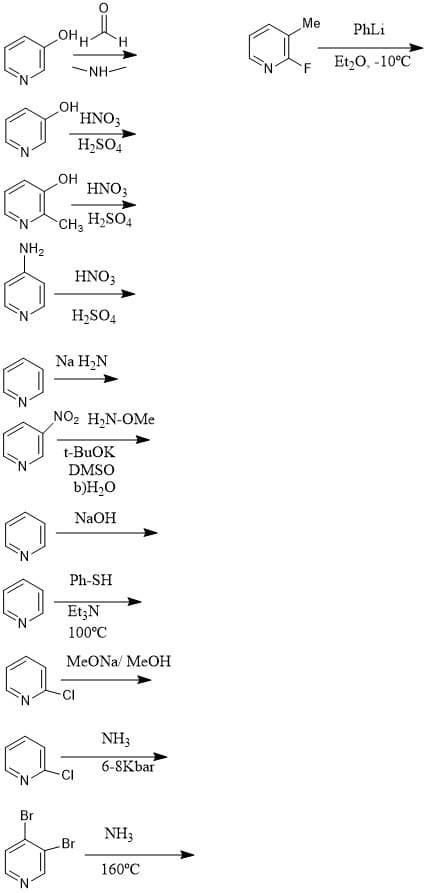 Me
OHH
PhLi
H.
Et,0, -10°C
NH-
OH
HNO3
H,SO4
OH
HNO;
CH3
H,SO4
NH2
HNO;
H2SO4
Na H2N
NO2 H,N-OMe
t-BUOK
DMSO
b)H,O
NaOH
Ph-SH
Et;N
100°C
MEONA/ MeOH
CI
NH3
6-8Kbar
CI
Br
NH3
Br
160°C
