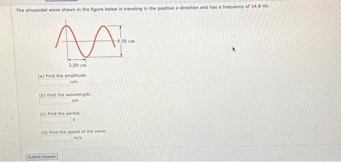 The sinusoidal wave shown in the figure below is traveling in the positive x-direction and has a frequency of 14.8 Hz.
M
5.20 cm
(a) Find the amplitude.
cm
(b) Find the wavelength..
cm
(c) Find the period.
(d) Find the speed of the wave.
m/s
Submit Answer
-8.26 cm