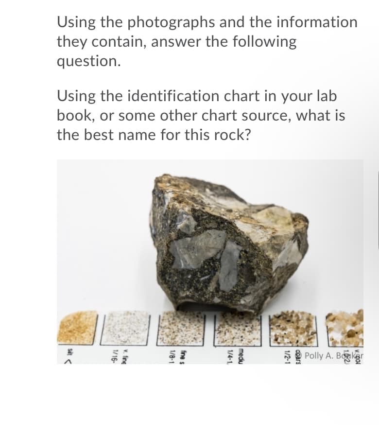 Using the photographs and the information
they contain, answer the following
question.
Using the identification chart in your lab
book, or some other chart source, what is
the best name for this rock?
Polly A. Bokar
v. fine
1/16-
sit <
