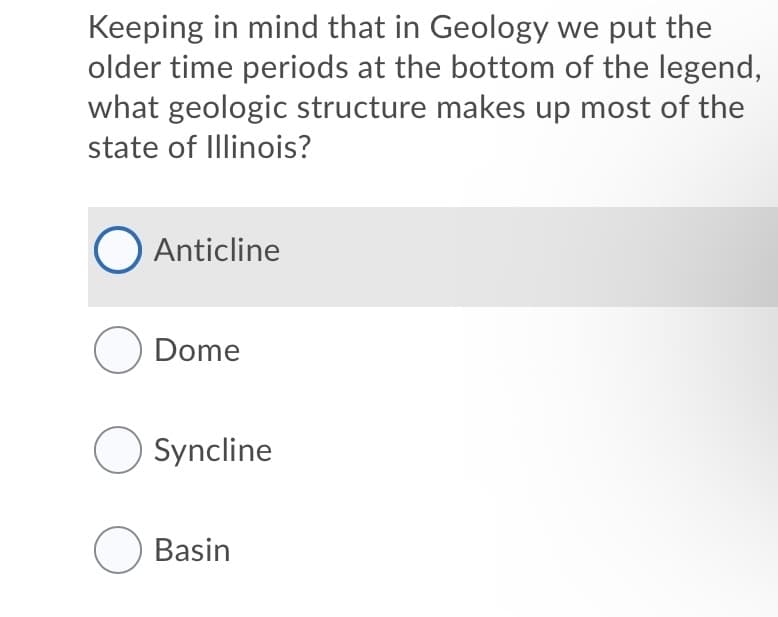 Keeping in mind that in Geology we put the
older time periods at the bottom of the legend,
what geologic structure makes up most of the
state of Illinois?
O Anticline
O Dome
O Syncline
O Basin
