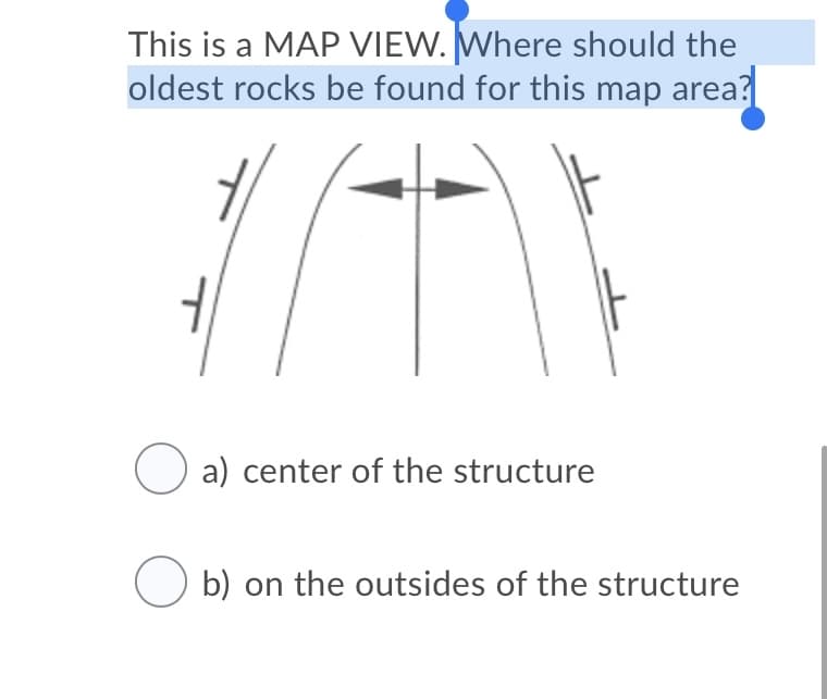 This is a MAP VIEW. Where should the
oldest rocks be found for this map area?
a) center of the structure
O b) on the outsides of the structure
