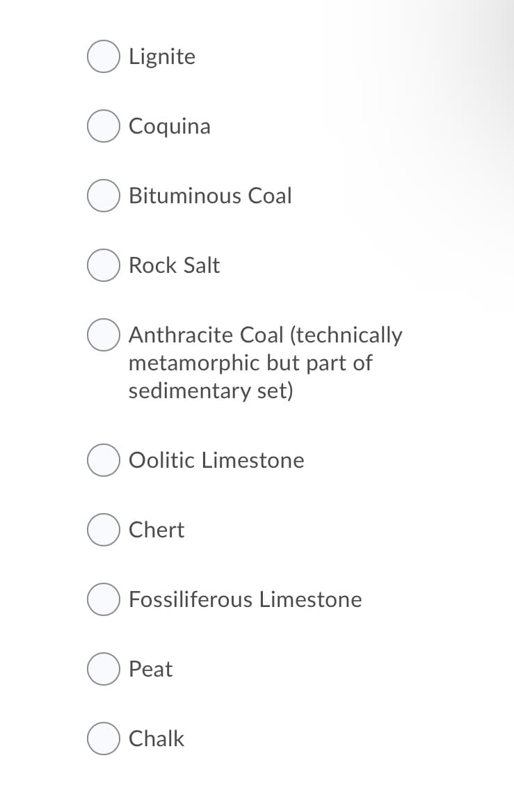 Lignite
Coquina
Bituminous Coal
Rock Salt
Anthracite Coal (technically
metamorphic but part of
sedimentary set)
Oolitic Limestone
Chert
Fossiliferous Limestone
Peat
Chalk
